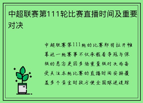 中超联赛第111轮比赛直播时间及重要对决