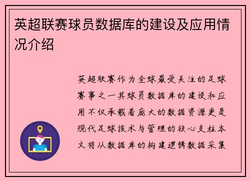 英超联赛球员数据库的建设及应用情况介绍