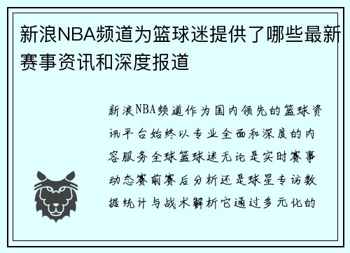 新浪NBA频道为篮球迷提供了哪些最新赛事资讯和深度报道